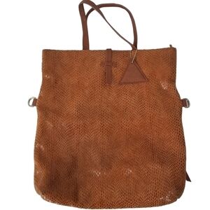 Sorial New York Cognac Brown Cross Body Python Snake Skin Print Leather Satchel